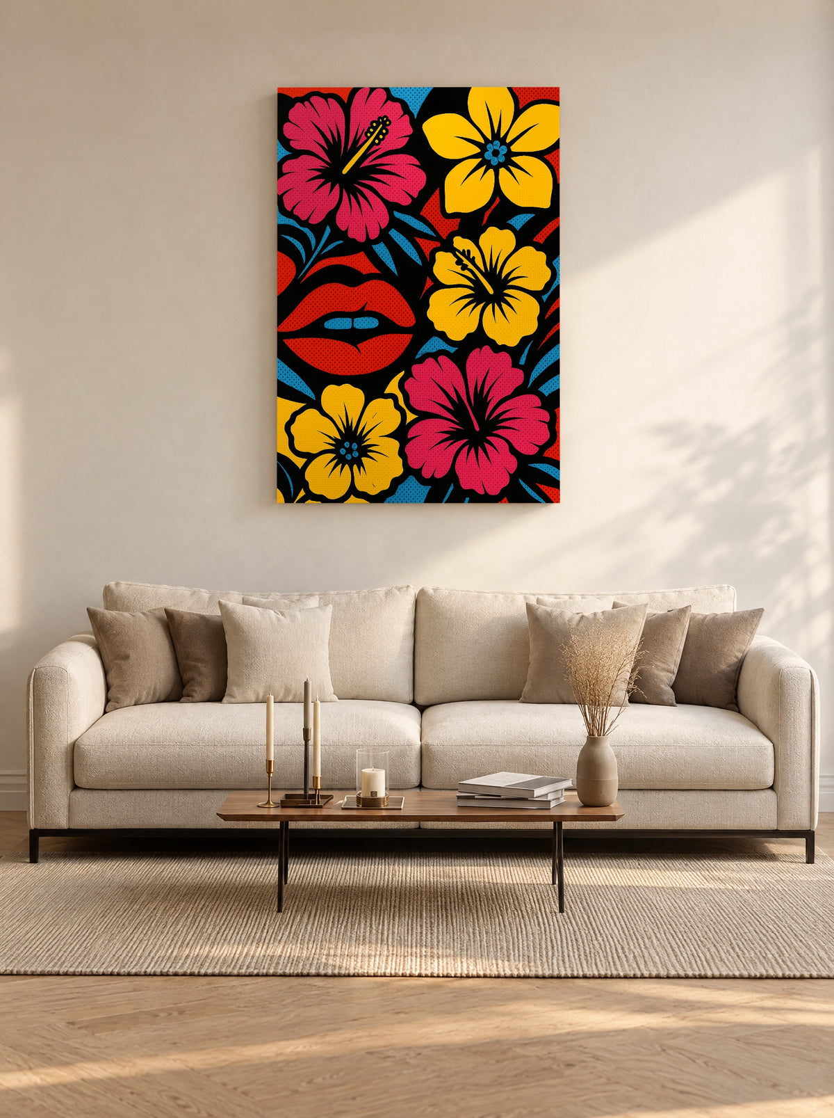 Pop Art Bloemen en Lippen als canvas zonder lijst aan de muur