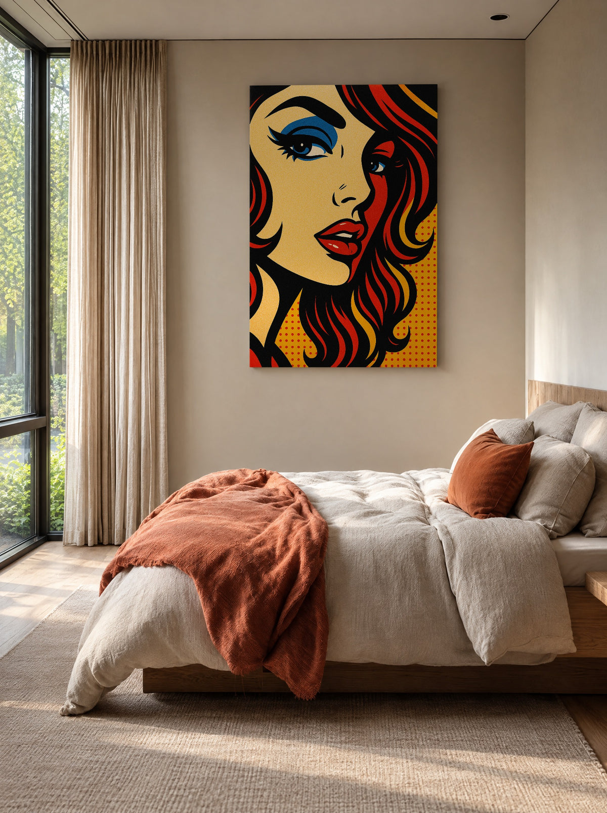 Pop Art Vrouw in Rood en Blauw als canvas zonder lijst aan de muur