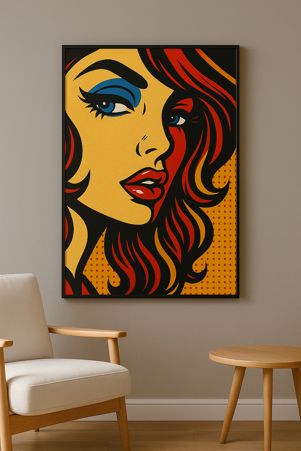 Pop art wanddecoratie in interieur, zwarte lijst
