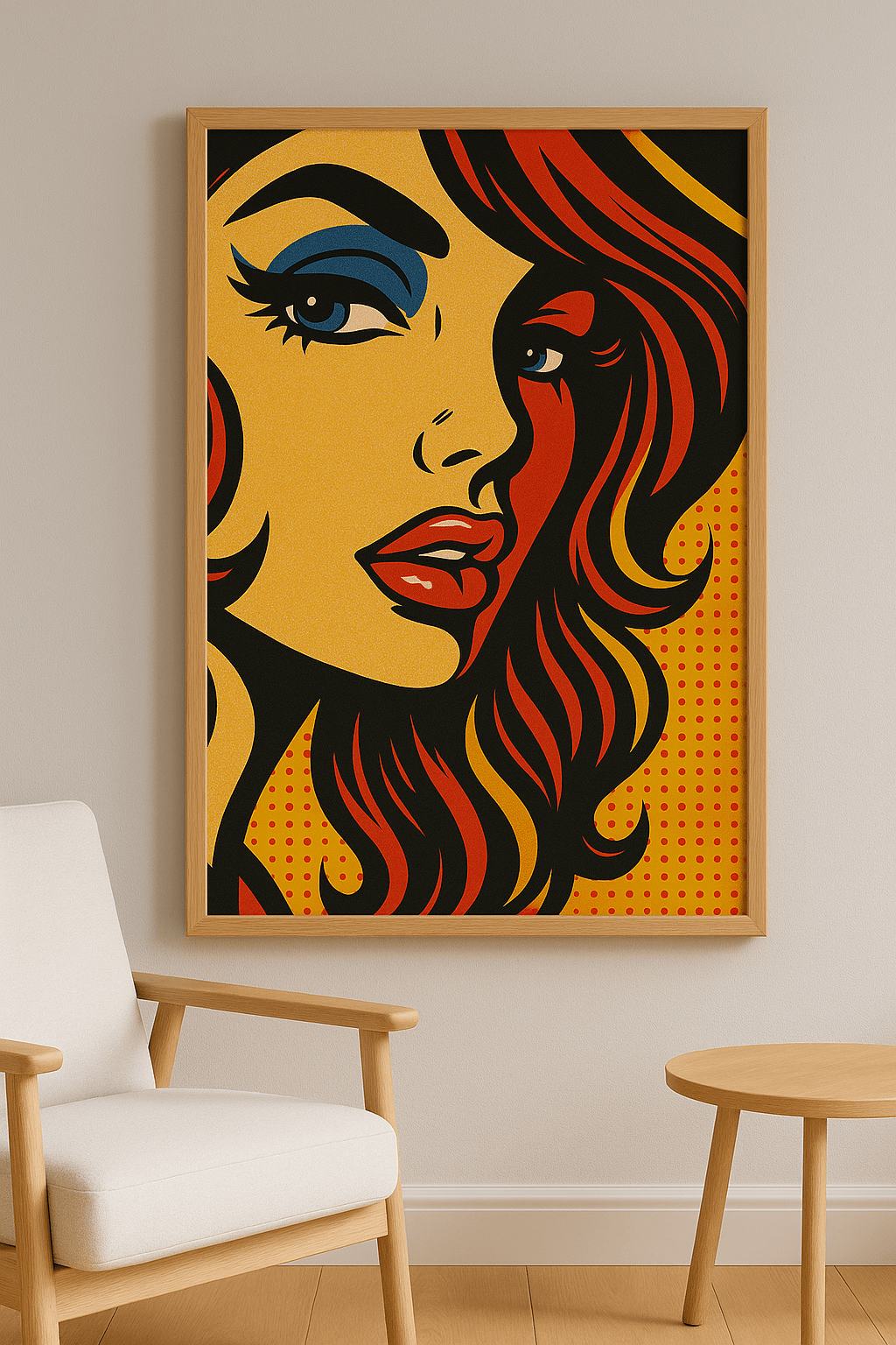 Pop art wanddecoratie in interieur, eikenhouten lijst