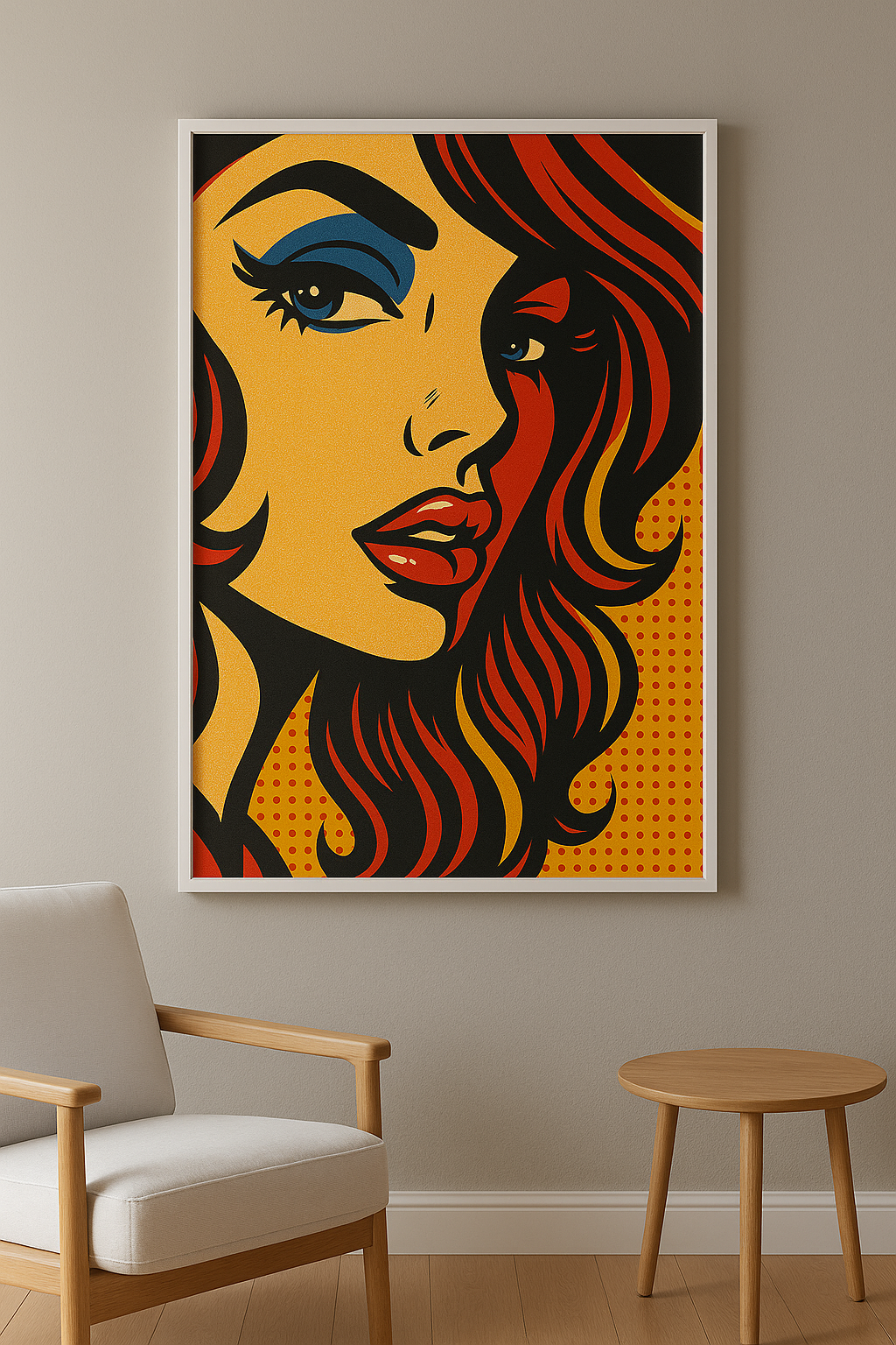 Pop art wanddecoratie in interieur, witte lijst