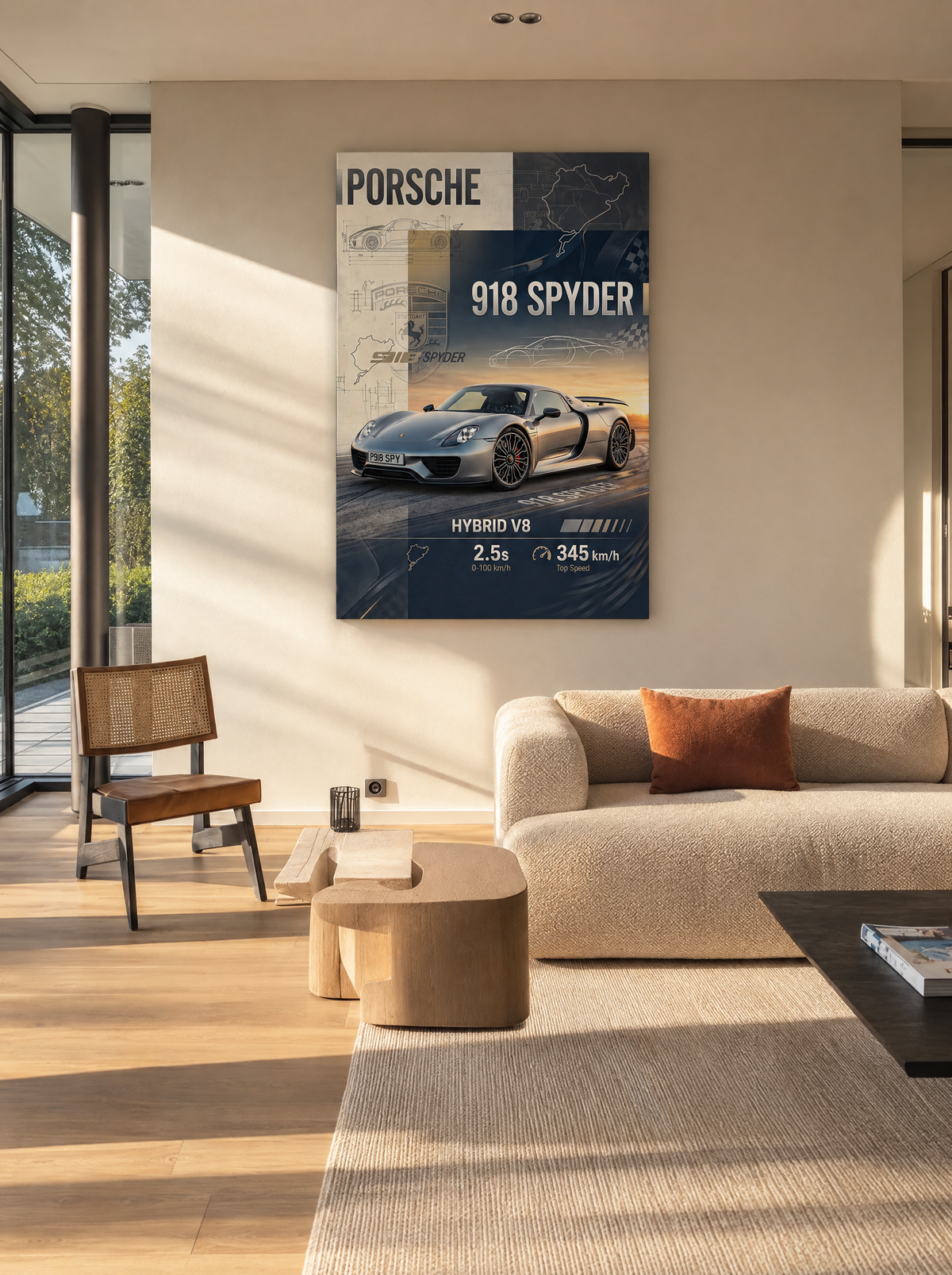 Porsche 918 Spyder als canvas zonder lijst aan de muur