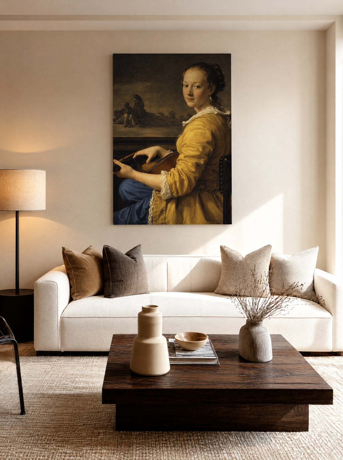Portret van een Luitspeelster als canvas zonder lijst aan de muur