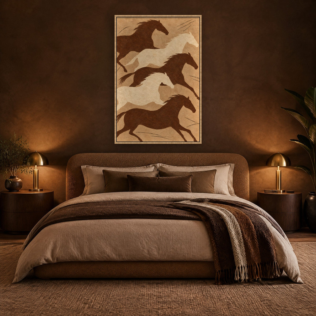 Laufende Pferde in Rotbraun Wandbild mit Naturholzrahmen an der Wand im Schlafzimmer