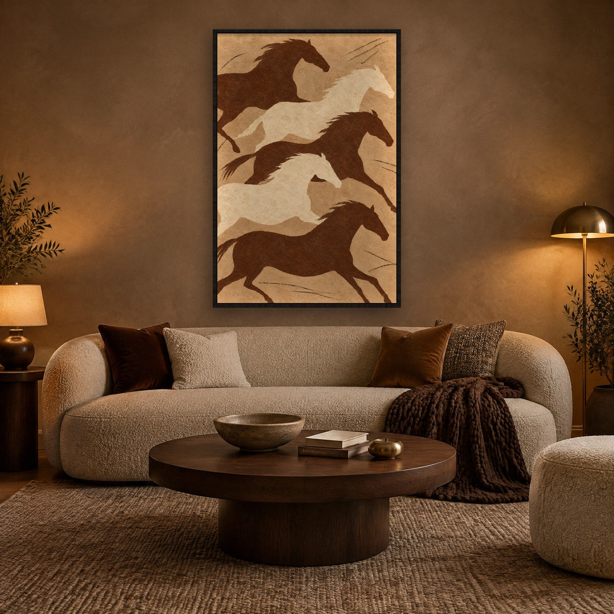 Laufende Pferde in Rotbraun Wandbild mit schwarzem Rahmen an der Wand im Wohnzimmer