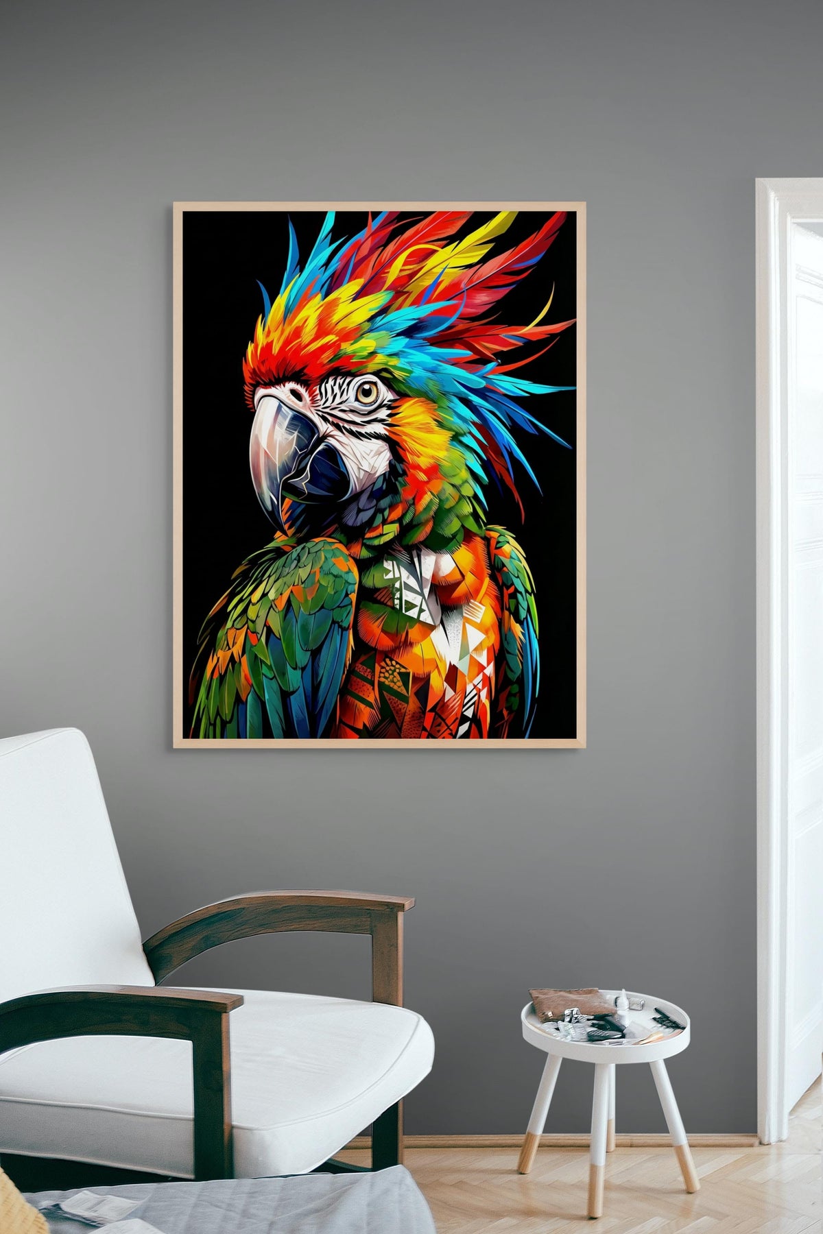 Prism Fury Macaw – Wandbild auf Leinwand, Aluminium oder Poster