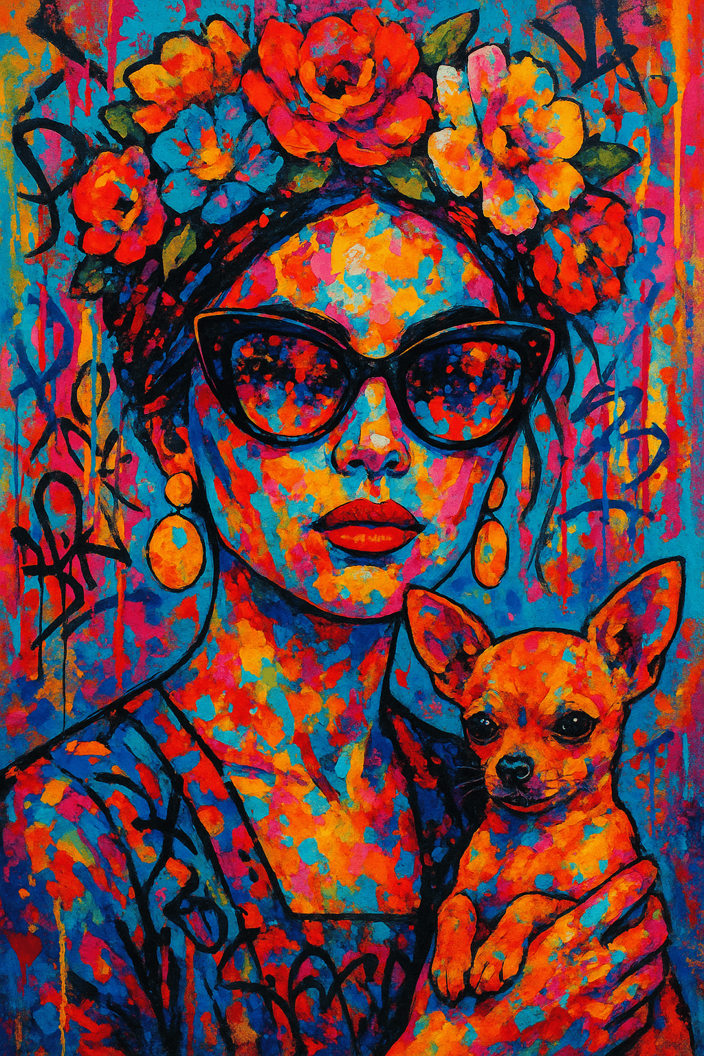 Bloemendiva met Shades en Sidekick wanddecoratie met kleurrijk portret