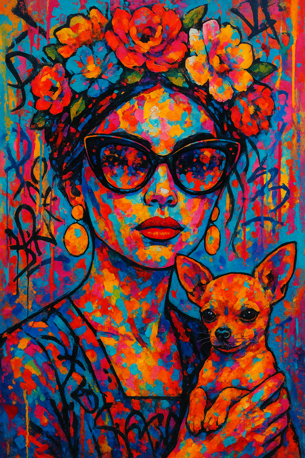 Bloemendiva met Shades en Sidekick wanddecoratie met kleurrijk portret