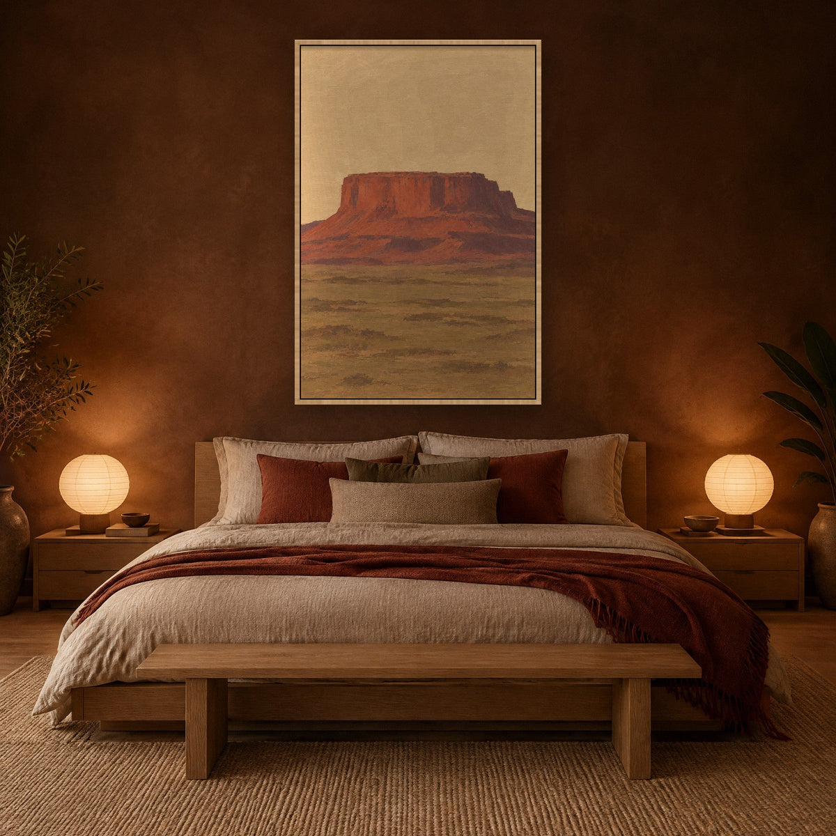 Quiet Mesa in Rust and Aubergine wall art with natural wood frame on the wall in the bedroom
