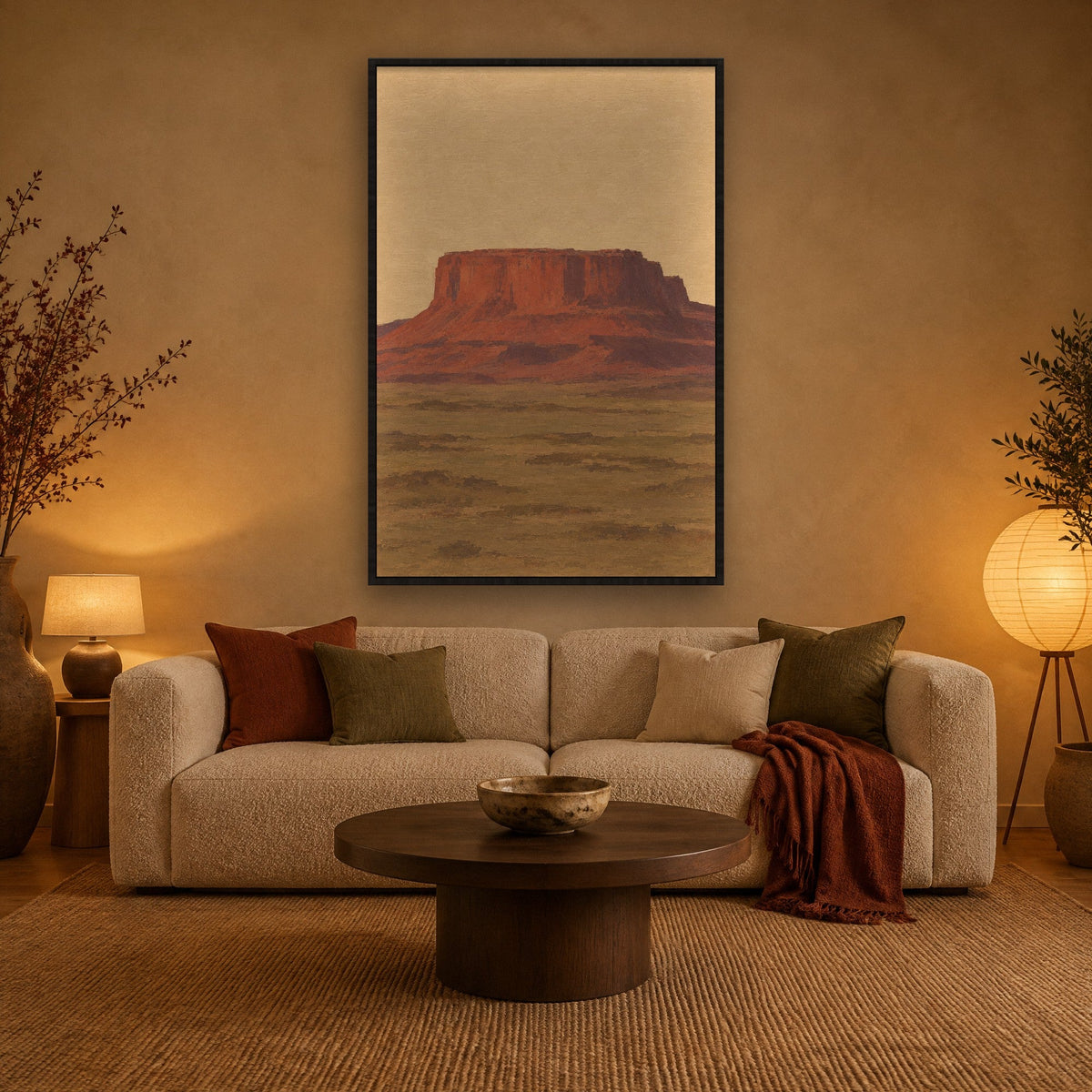 Quiet Mesa in Rust and Aubergine wall art with black frame on the wall in the living room
