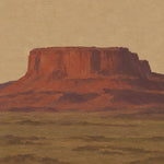 Painted mesa in rust red and aubergine above an olive-brown plain under a sand-coloured sky