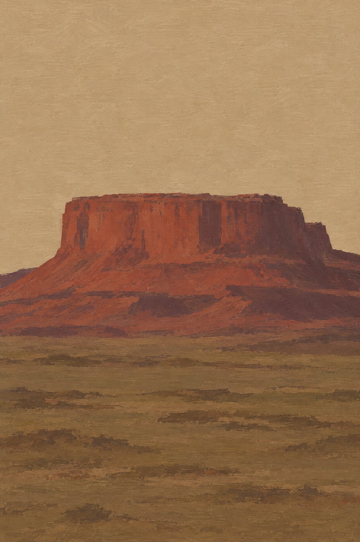 Painted mesa in rust red and aubergine above an olive-brown plain under a sand-coloured sky