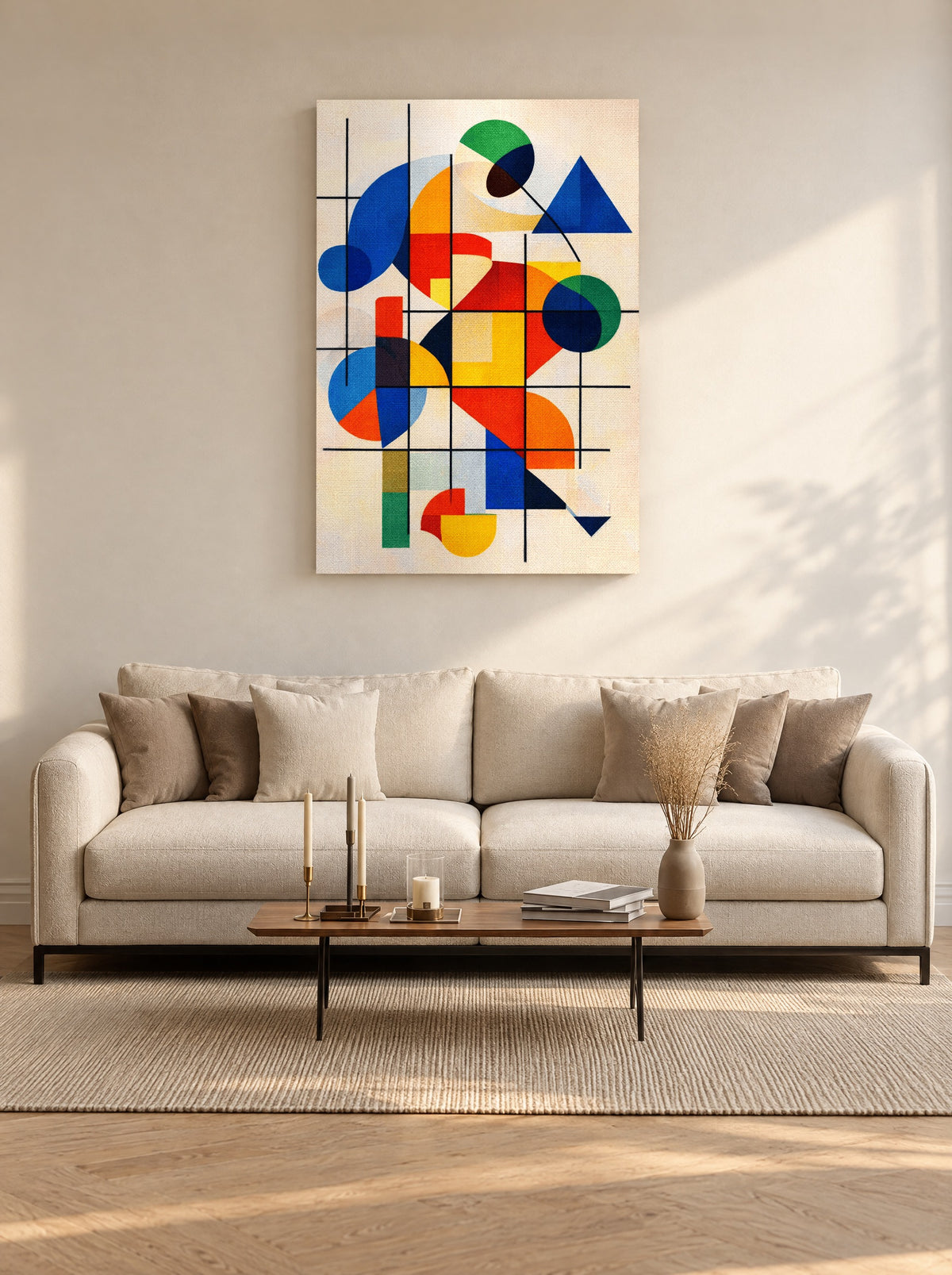 Rasterdans met Kleurenklanken als canvas zonder lijst aan de muur