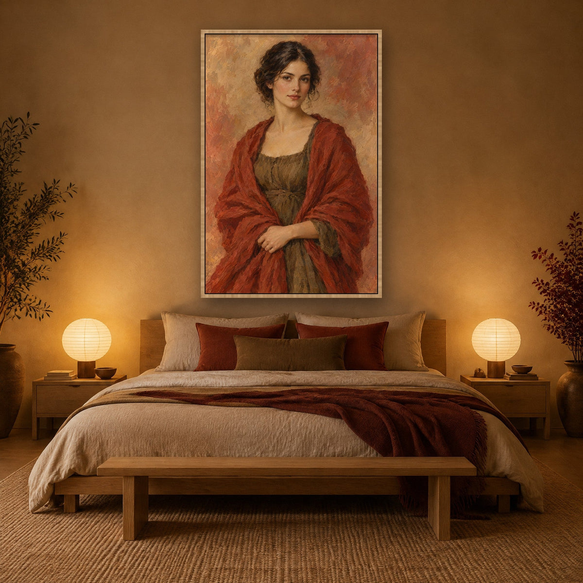 Frau mit rotem Umschlagtuch Wandbild mit Naturholzrahmen an der Wand im Schlafzimmer