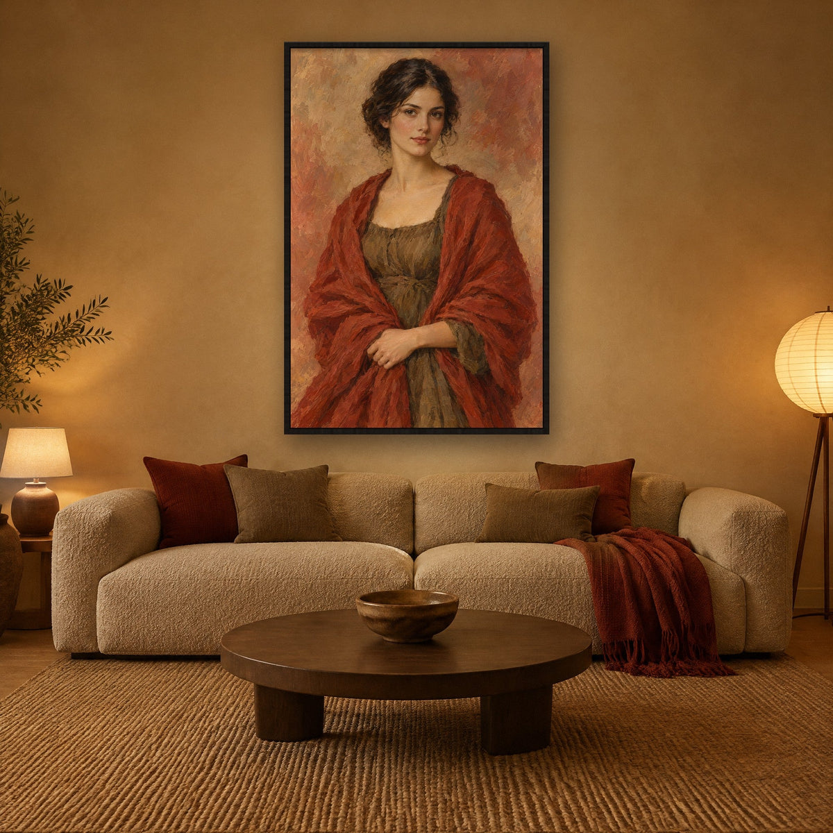Frau mit rotem Umschlagtuch Wandbild mit schwarzem Rahmen an der Wand im Wohnzimmer