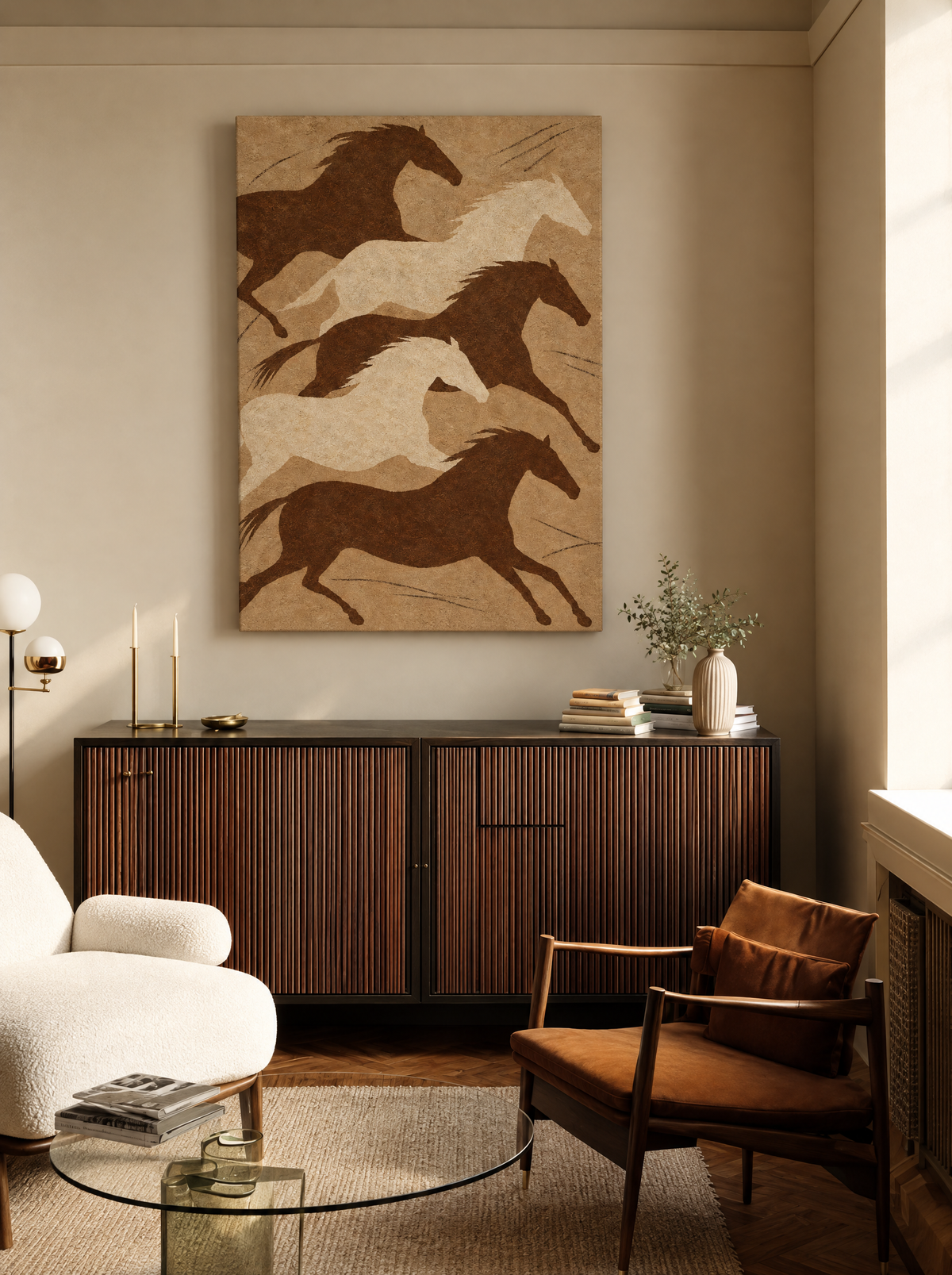 Rennende Paarden in Roodbruin als canvas zonder lijst aan de muur