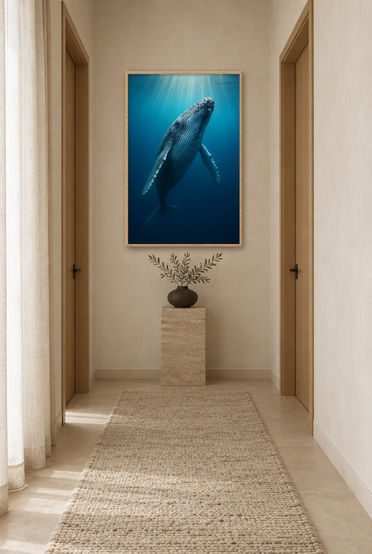 Reus van de Diepblauwe Stilte Wandbild mit Naturholzrahmen an der Wand im Flur