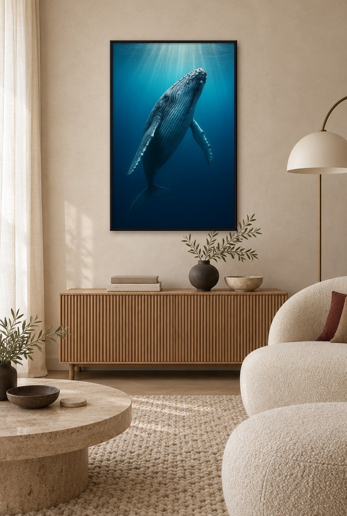 Reus van de Diepblauwe Stilte Wandbild mit schwarzem Rahmen an der Wand im Wohnzimmer