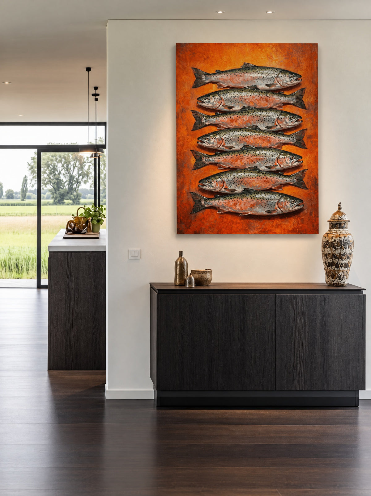 Riverfire Salmon Arrangement als canvas zonder lijst aan de muur