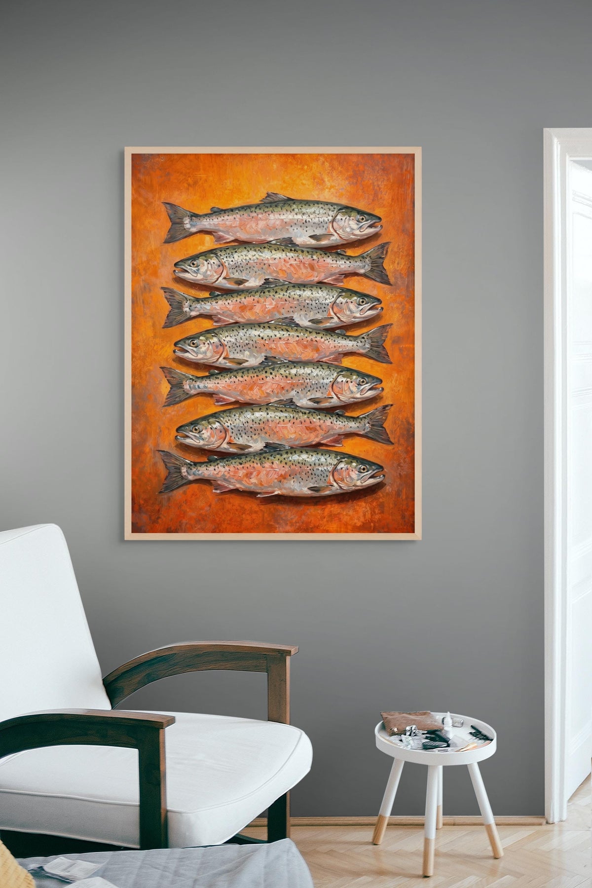 Riverfire Salmon Arrangement – Wandbild auf Leinwand, Aluminium oder Poster