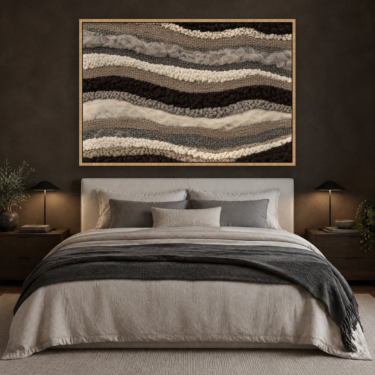 Felsgewebe in Wolle und Grau Wandbild mit Naturholzrahmen an der Wand im Schlafzimmer