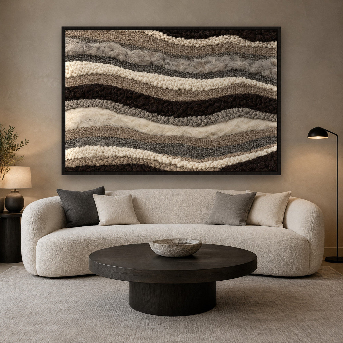 Felsgewebe in Wolle und Grau Wandbild mit schwarzem Rahmen an der Wand im Wohnzimmer