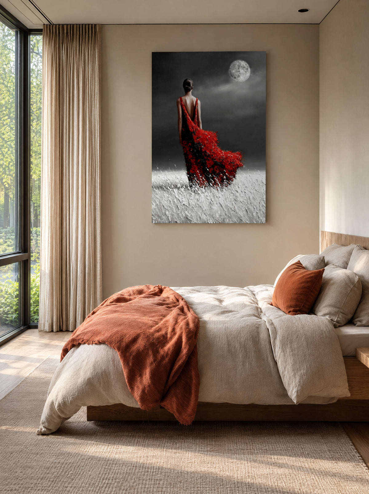 Rode Jurk onder Maanlicht als canvas zonder lijst aan de muur