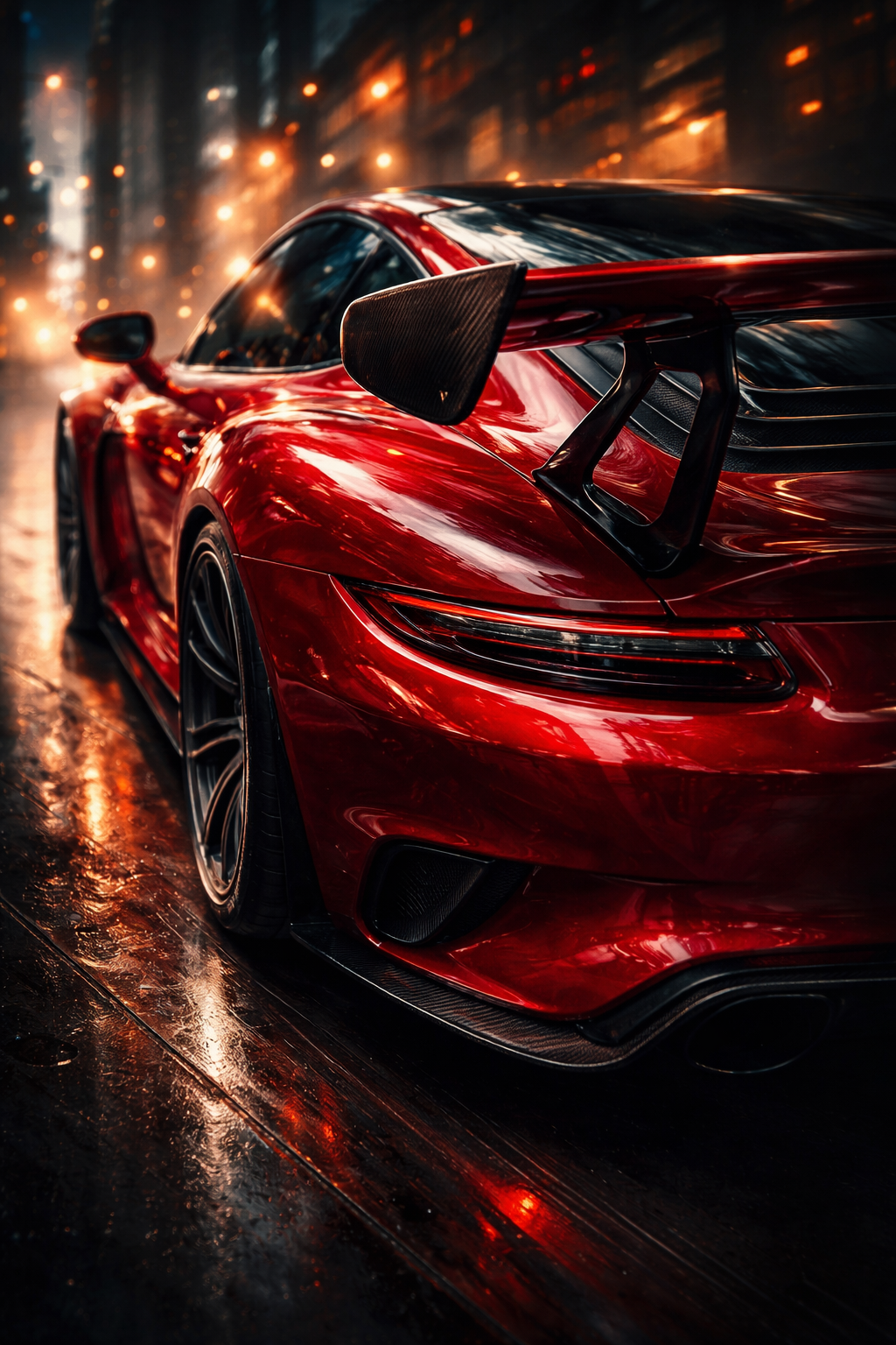 Schilderachtig beeld van een rode sportwagen in een natte stadsstraat bij nacht met warme lichtreflecties