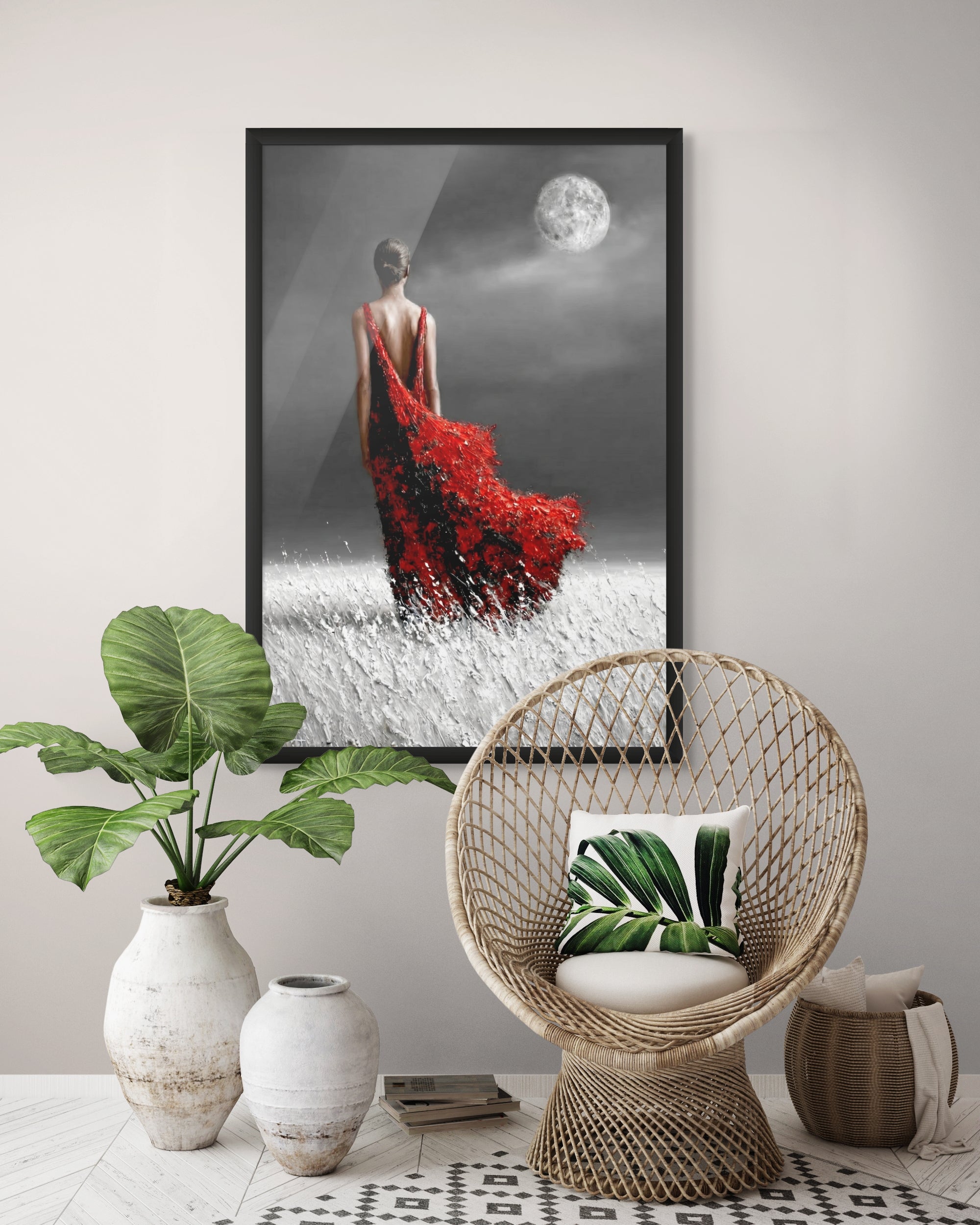 Rode Jurk onder Maanlicht Wanddecoratie – Romantisch Fashion Canvas Print
