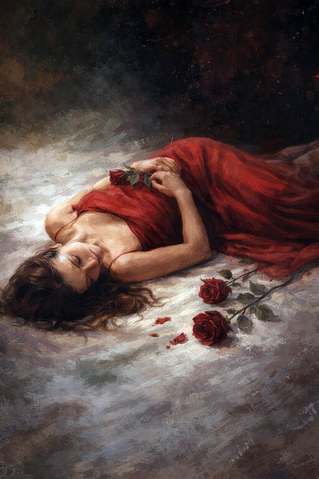 Schilderachtig beeld van een vrouw in rode jurk liggend met rode rozen in zachte belichting