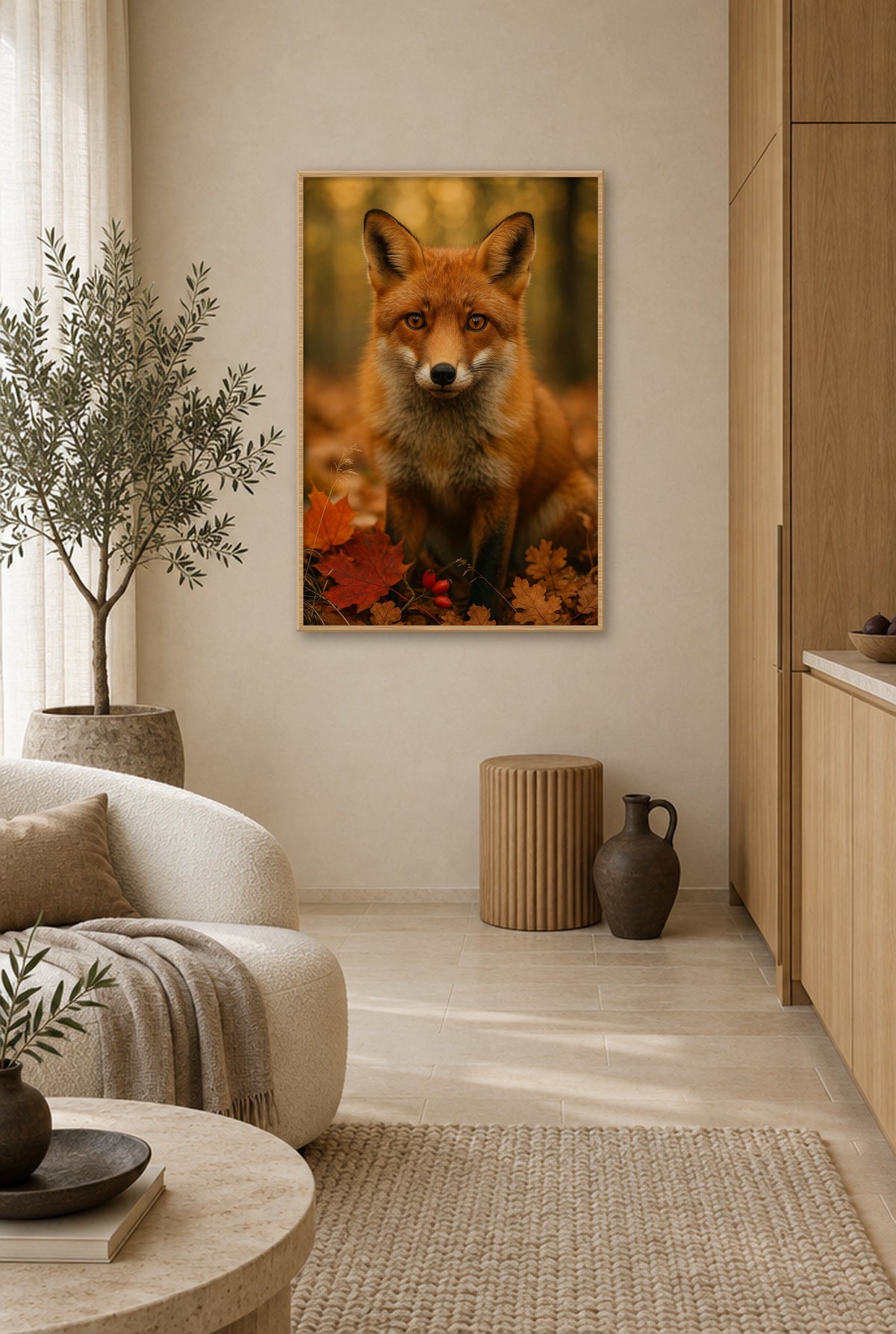 Roodvos in Herfstgloed Wandbild mit Naturholzrahmen an der Wand in der Küche