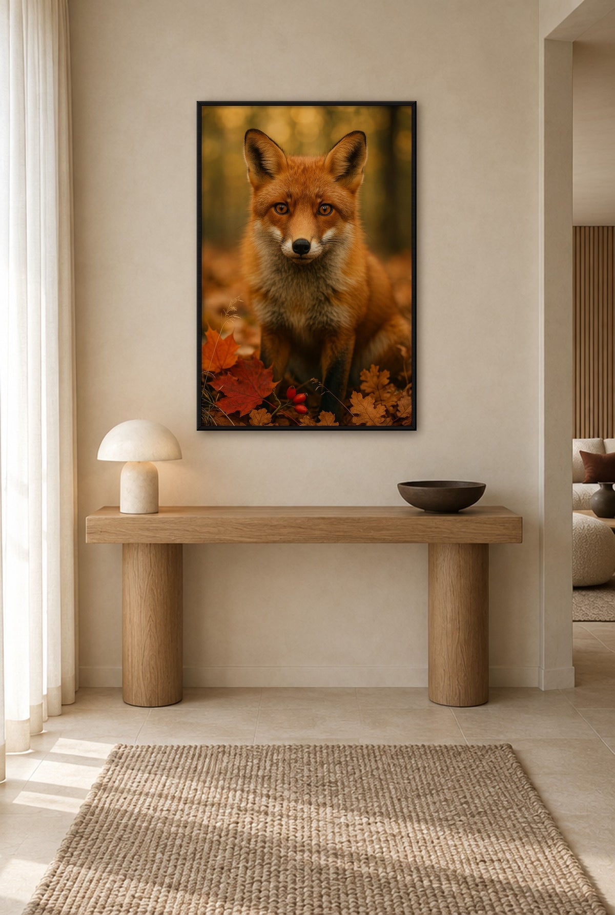 Roodvos in Herfstgloed Wandbild mit schwarzem Rahmen an der Wand im Flur