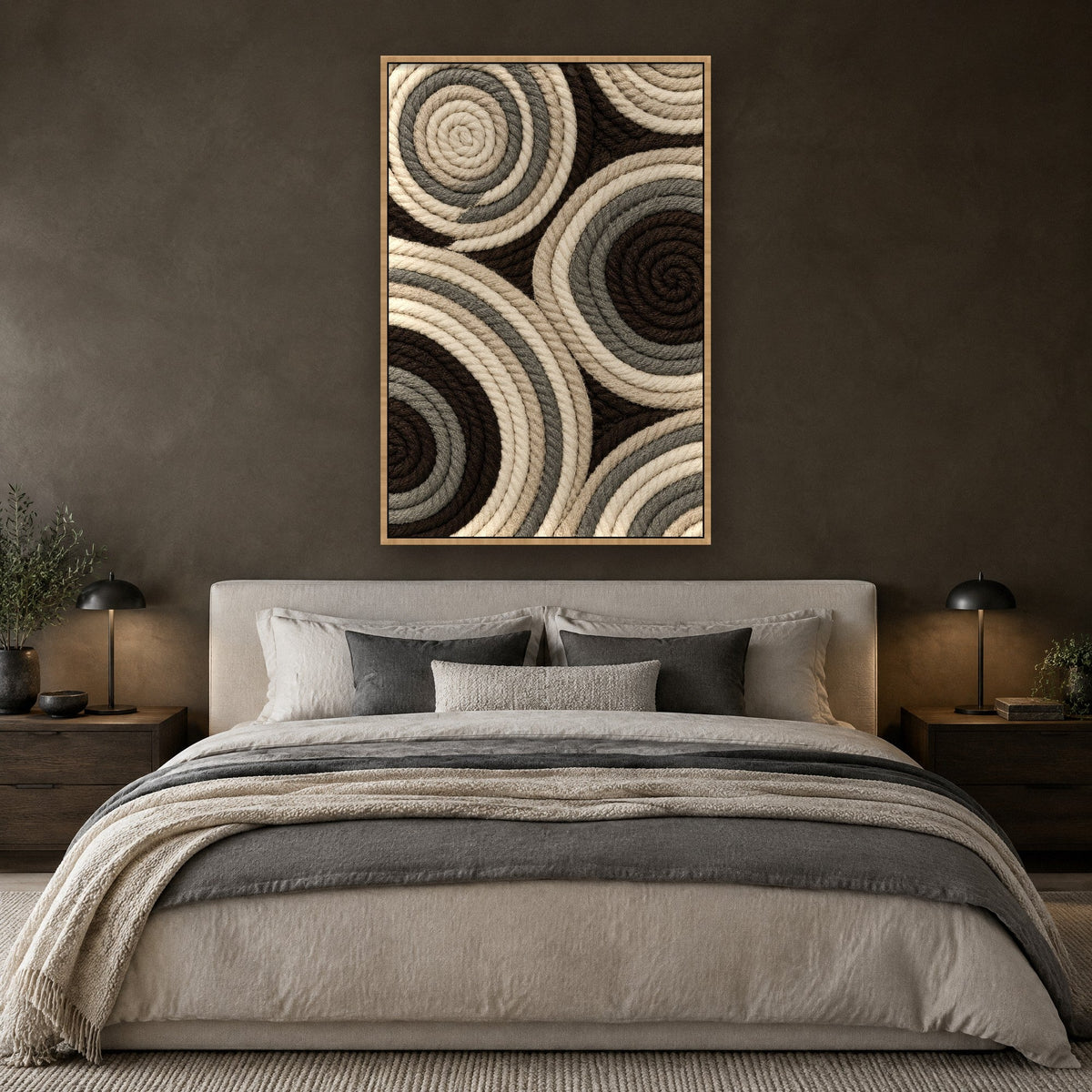 Touwspiralen in Naturel en Steengrijs Schilderij met natuur houten lijst aan de muur in de slaapkamer
