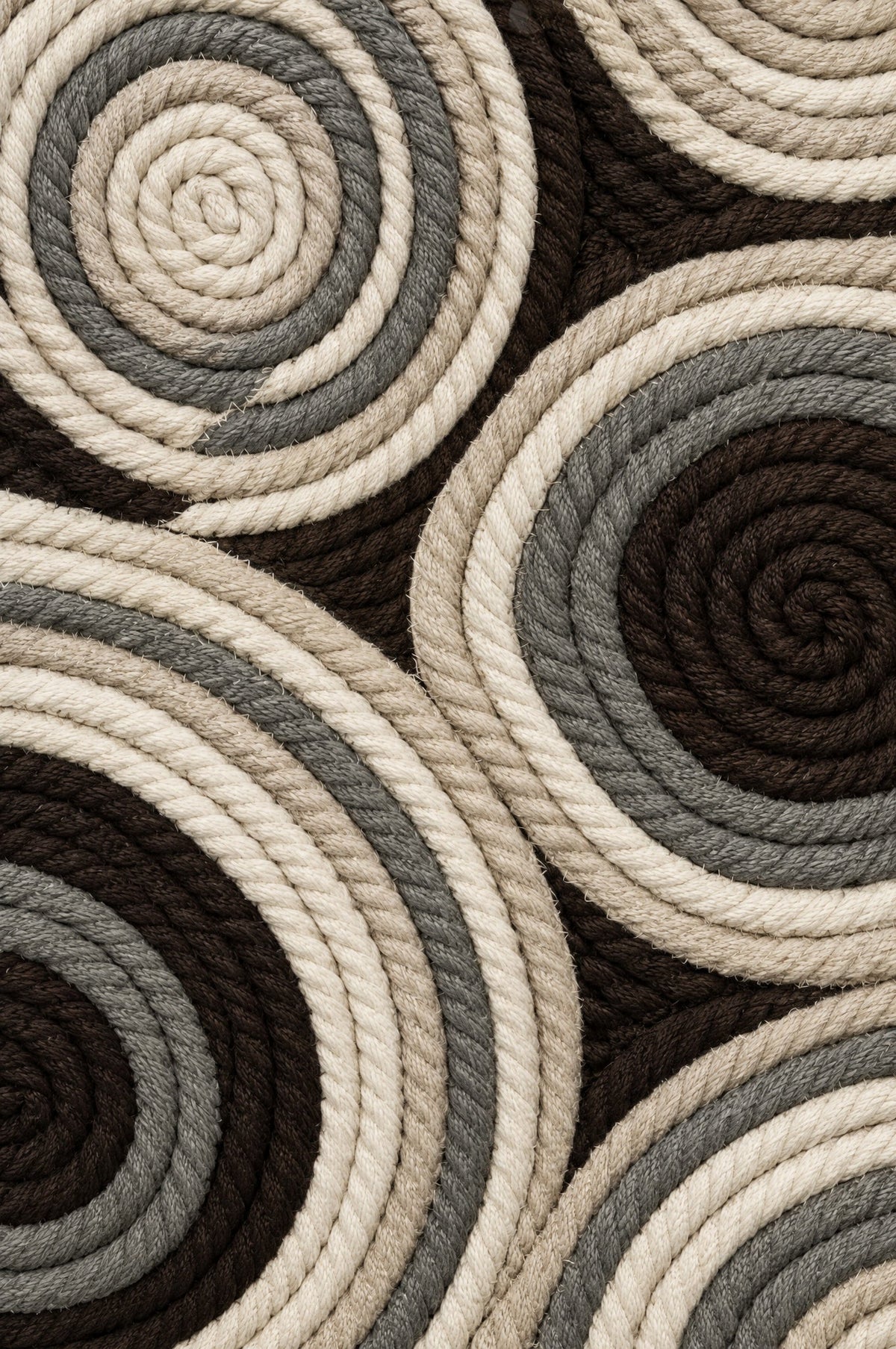 Spiralen van opgerold touw in naturel, zandbeige, steengrijs en donkerbruin die in elkaar grijpen