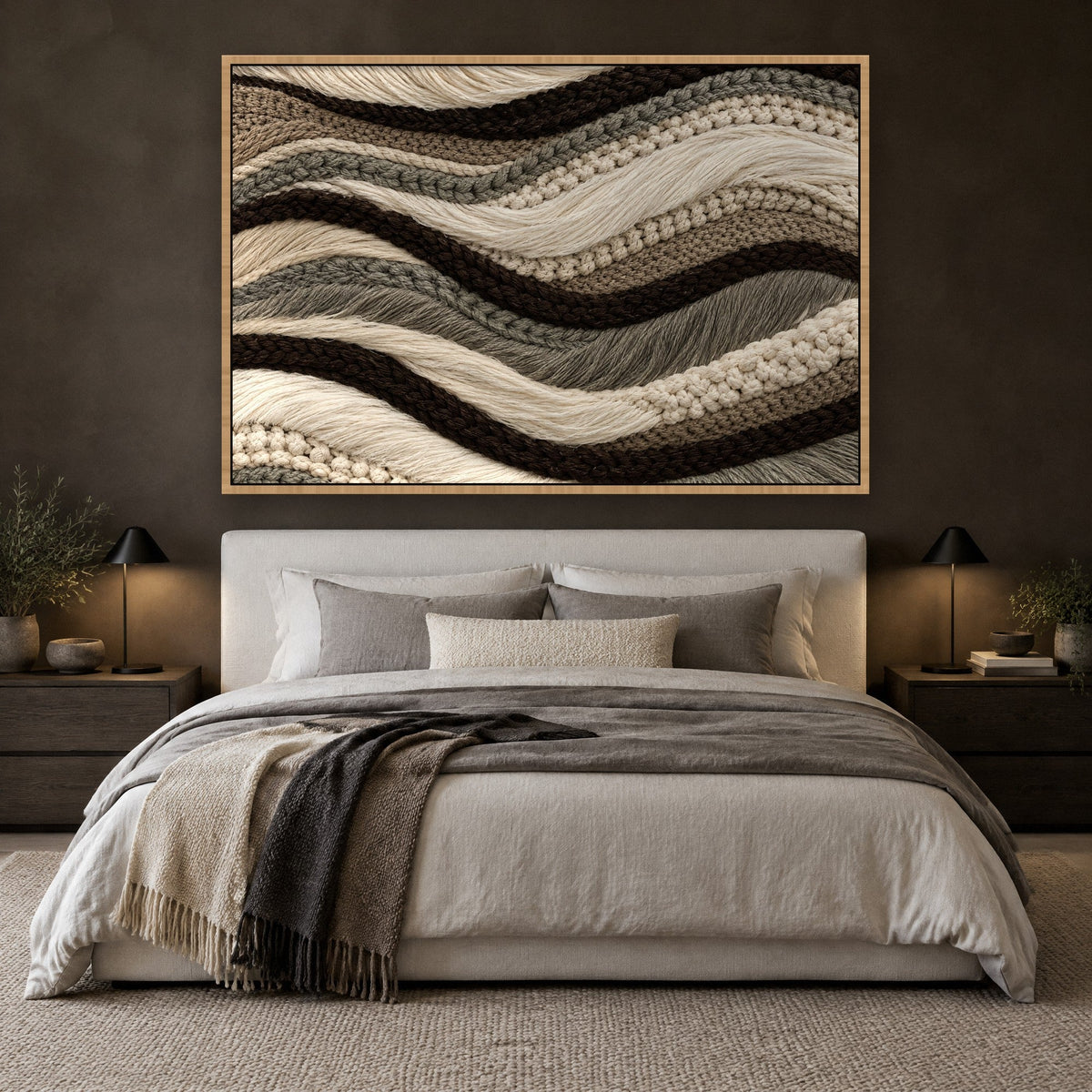 Kordelwellen in Naturel und Taupe Wandbild mit Naturholzrahmen an der Wand im Schlafzimmer
