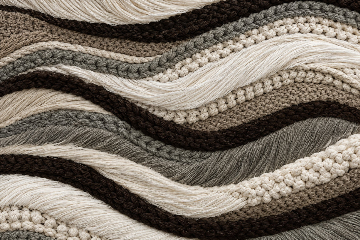 Wellige Bahnen aus geflochtener Kordel, Häkelarbeit und Fransen in Naturel, Taupe, Grau und Dunkelbraun