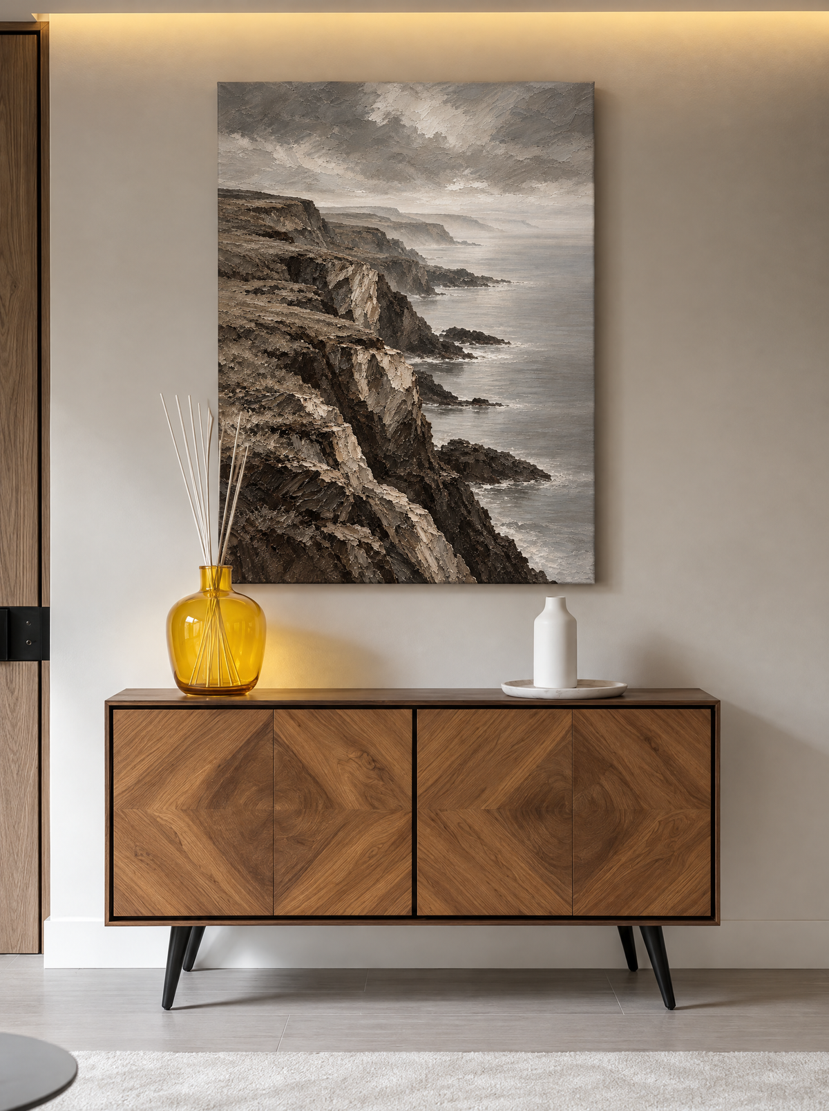 Rotskust onder Bewolkte Lucht als canvas zonder lijst aan de muur