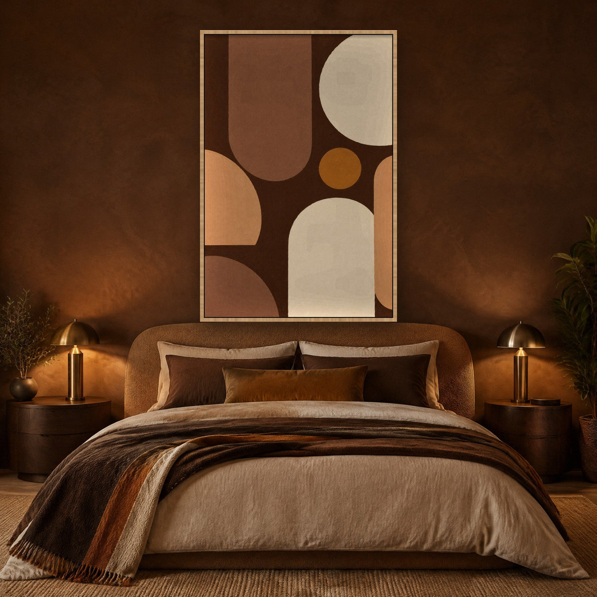Retro Bogen in Mokka en Caramel Schilderij met natuur houten lijst aan de muur in de slaapkamer