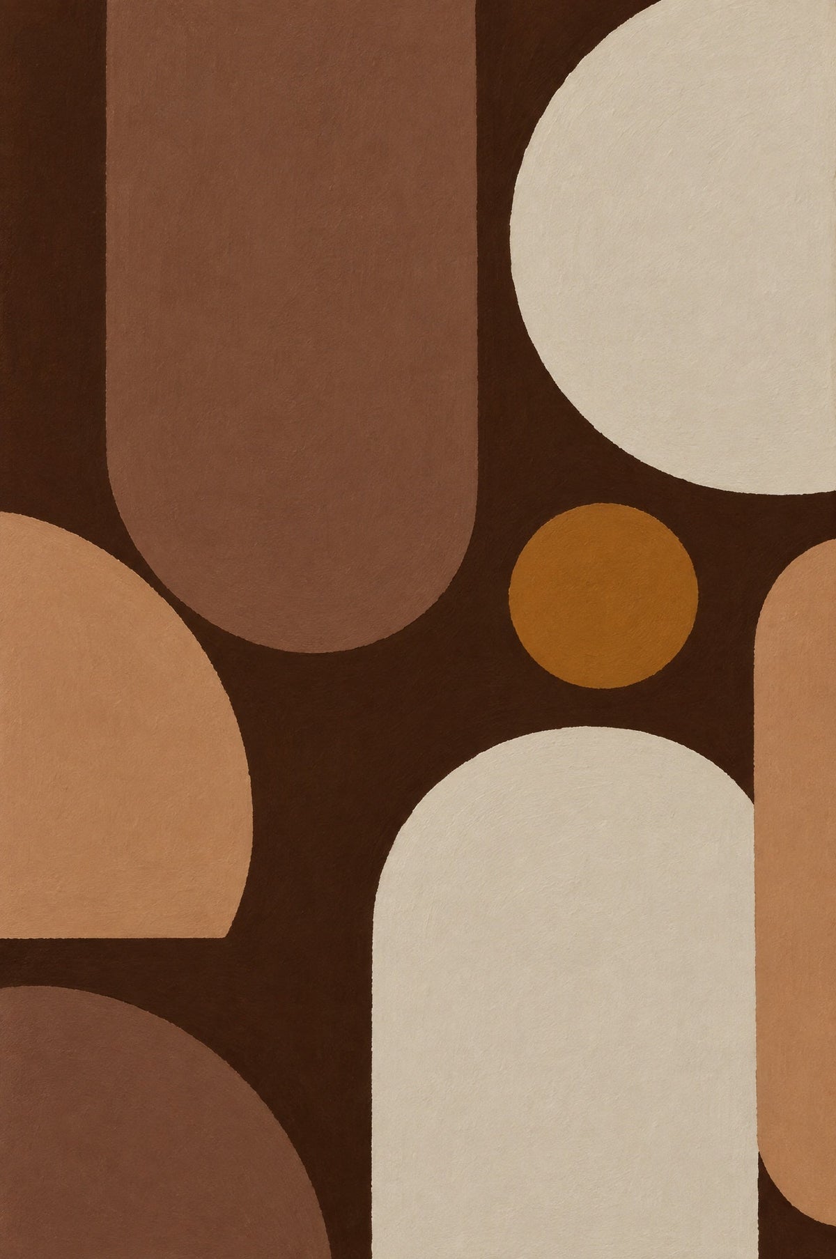 Retro geometrische bogen en cirkels in mokka, caramel en crème met okergele stip