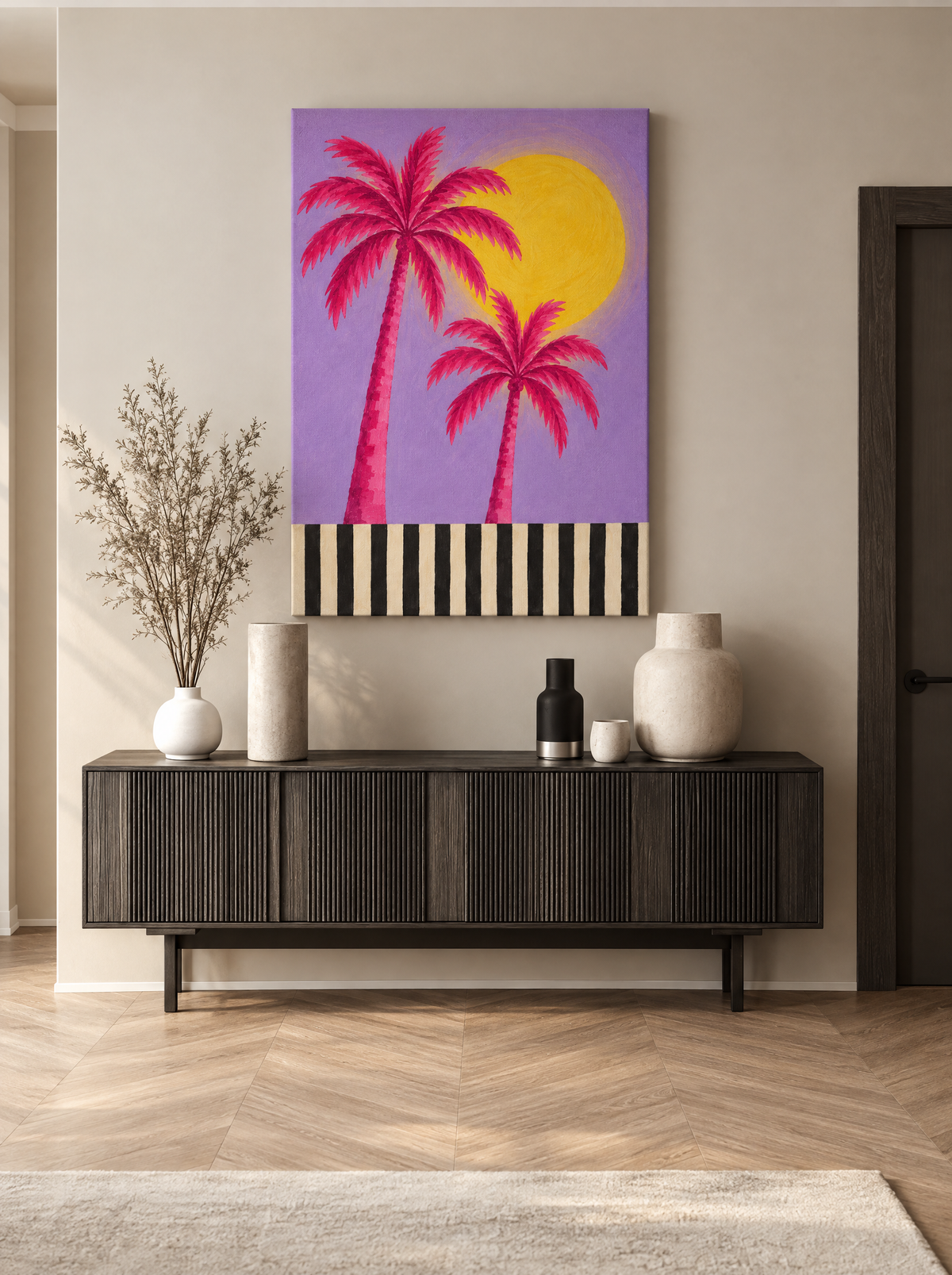 Roze Palmen bij Gele Zon als canvas zonder lijst aan de muur