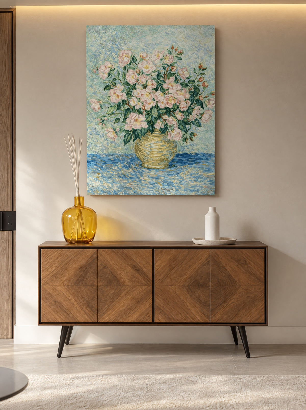 Rozen als canvas zonder lijst aan de muur