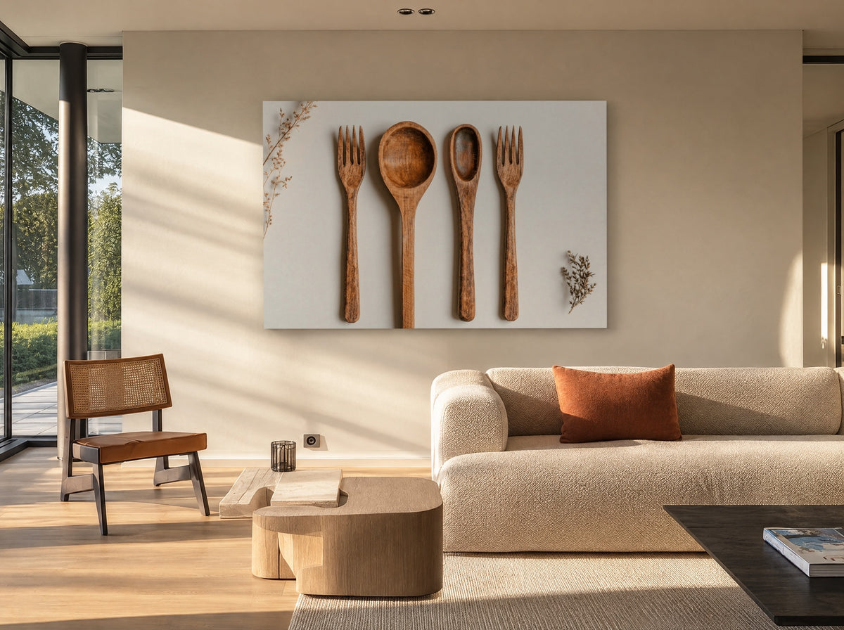 Rustiek Houten Bestek als canvas zonder lijst aan de muur