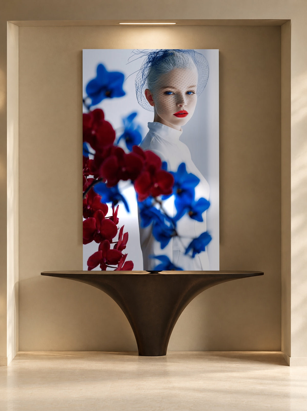Saffierkus en Rode Orchidee als canvas zonder lijst aan de muur