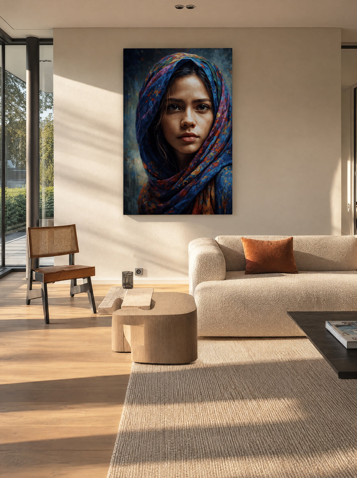 Saffierziel van Maya als canvas zonder lijst aan de muur
