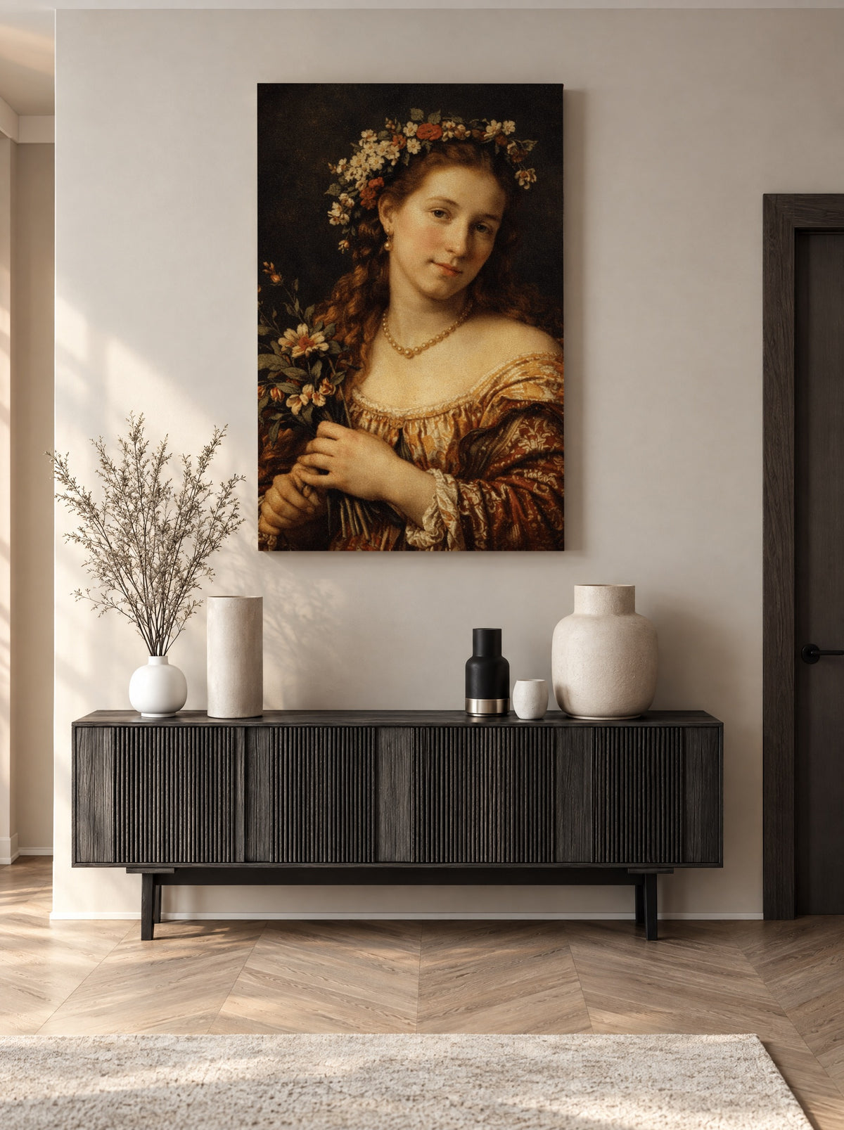 Saskia als Flora als canvas zonder lijst aan de muur