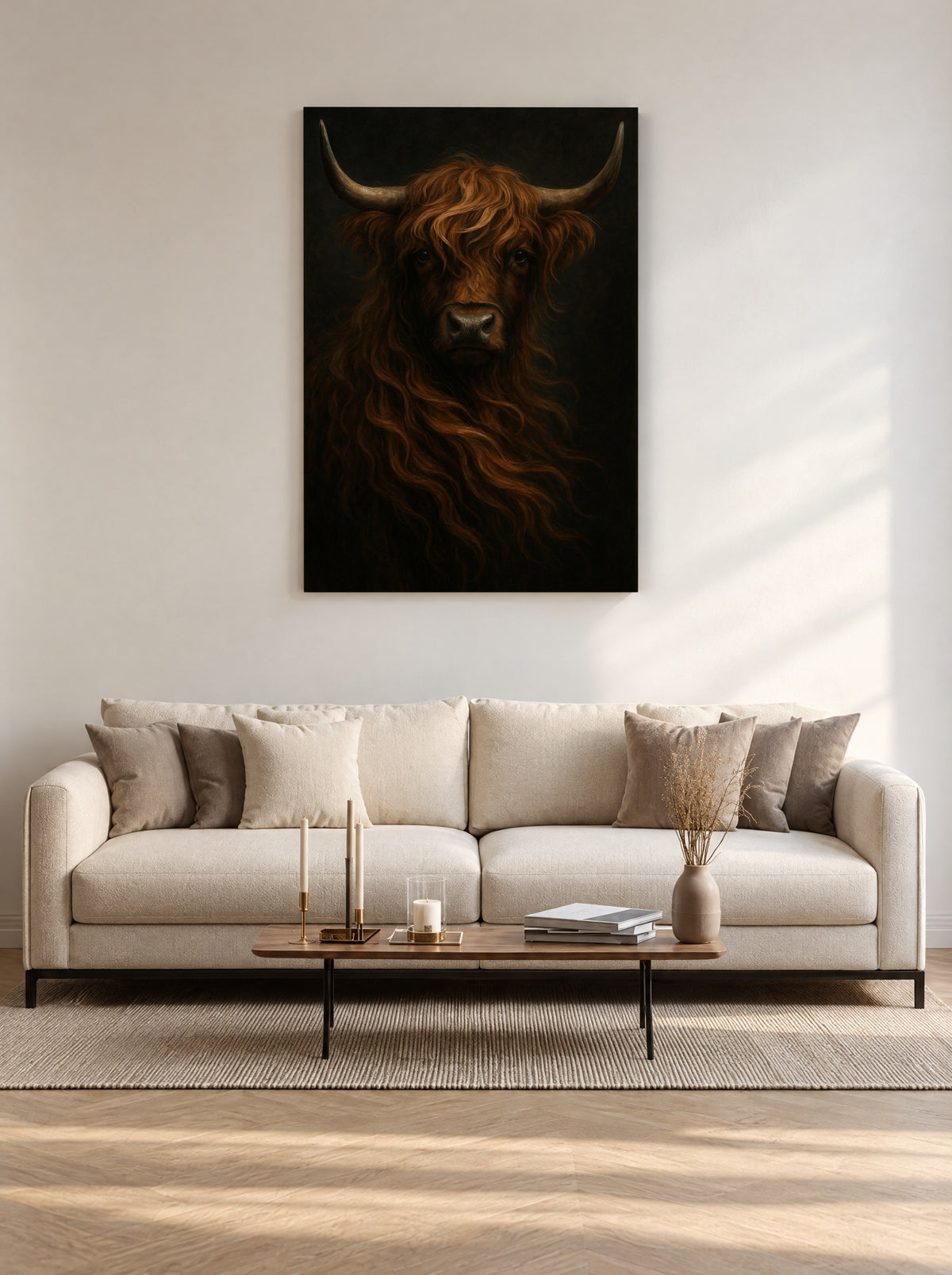 Schotse Hooglander Rund Portret als canvas zonder lijst aan de muur