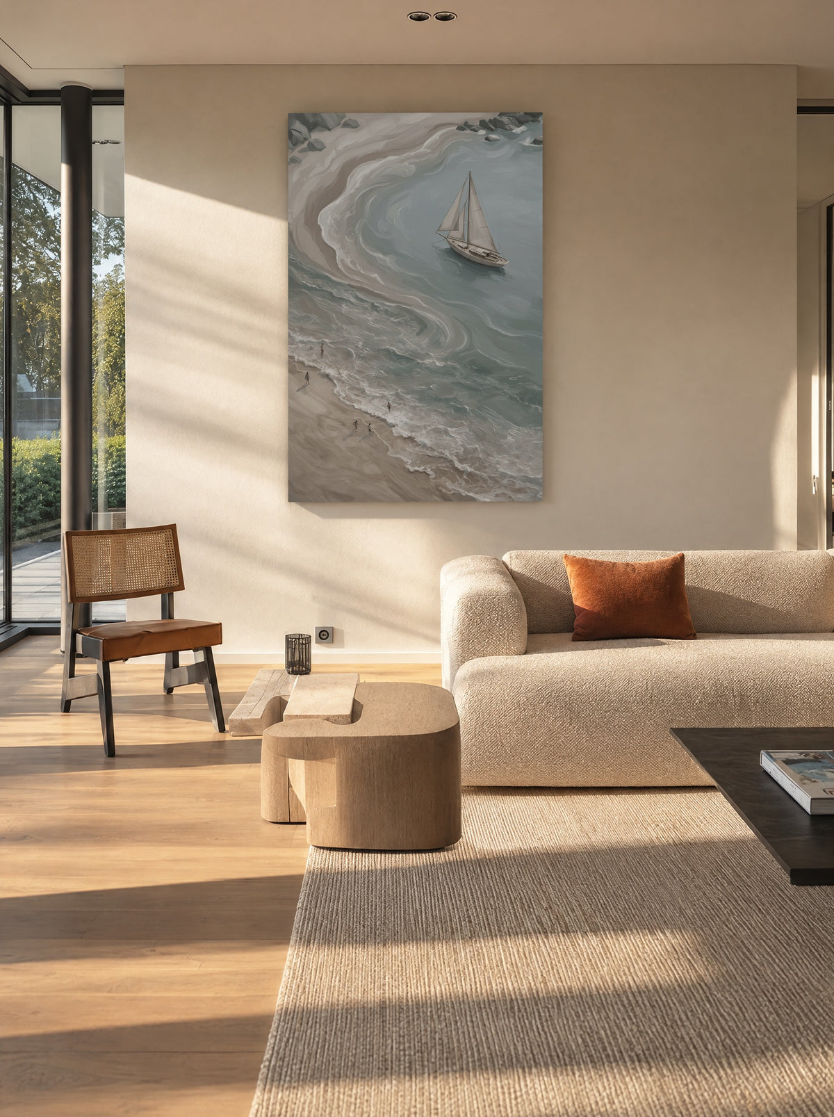Serene Coastal Drift with Sailboat als canvas zonder lijst aan de muur