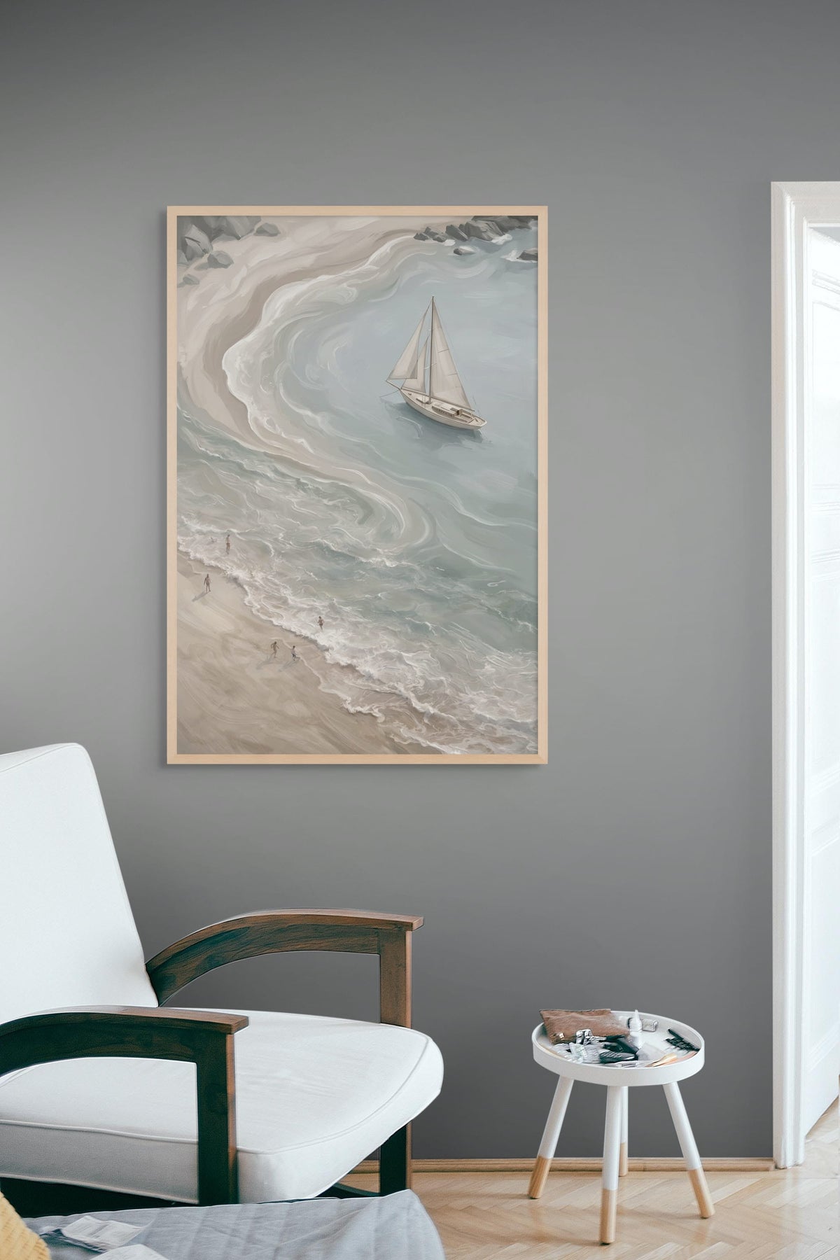 Serene Coastal Drift with Sailboat – Wandbild auf Leinwand, Aluminium oder Poster