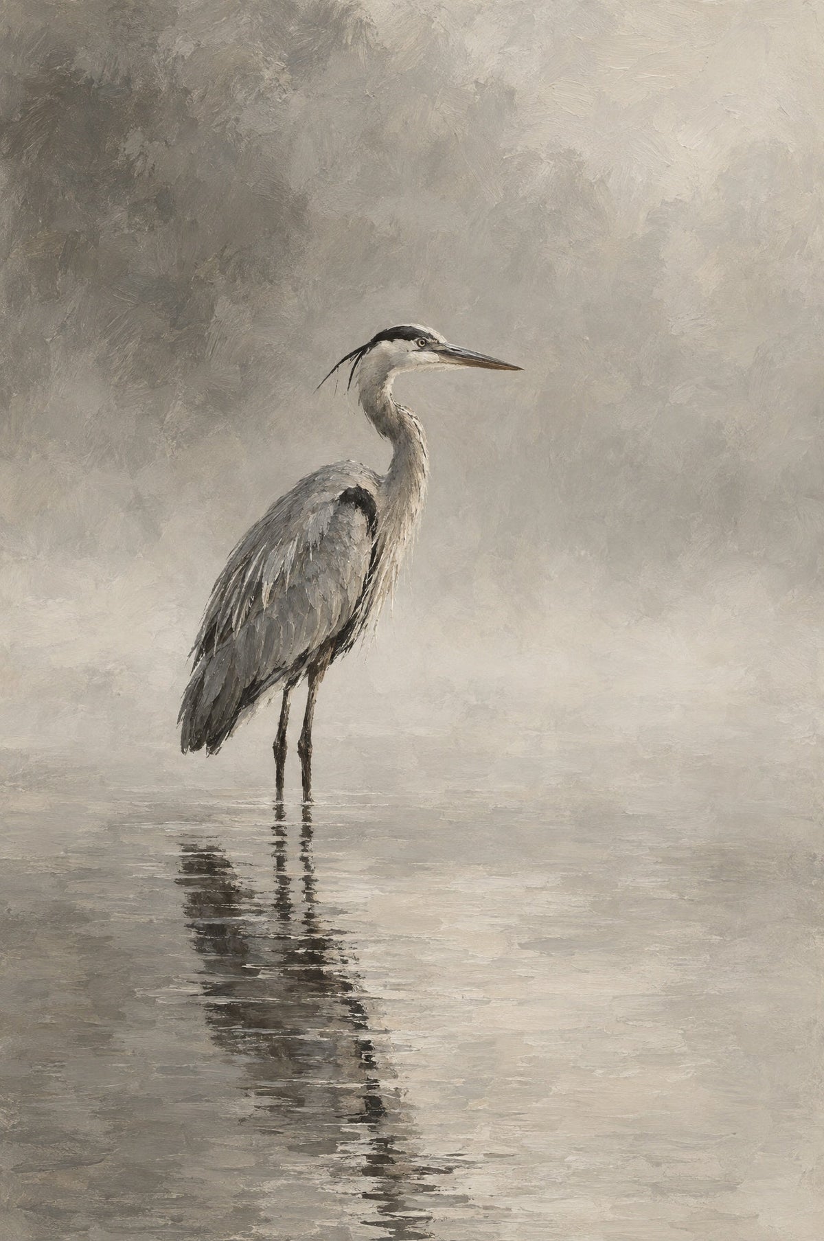 Gemalter Graureiher im flachen Wasser mit Spiegelbild, umgeben von grauem Nebel