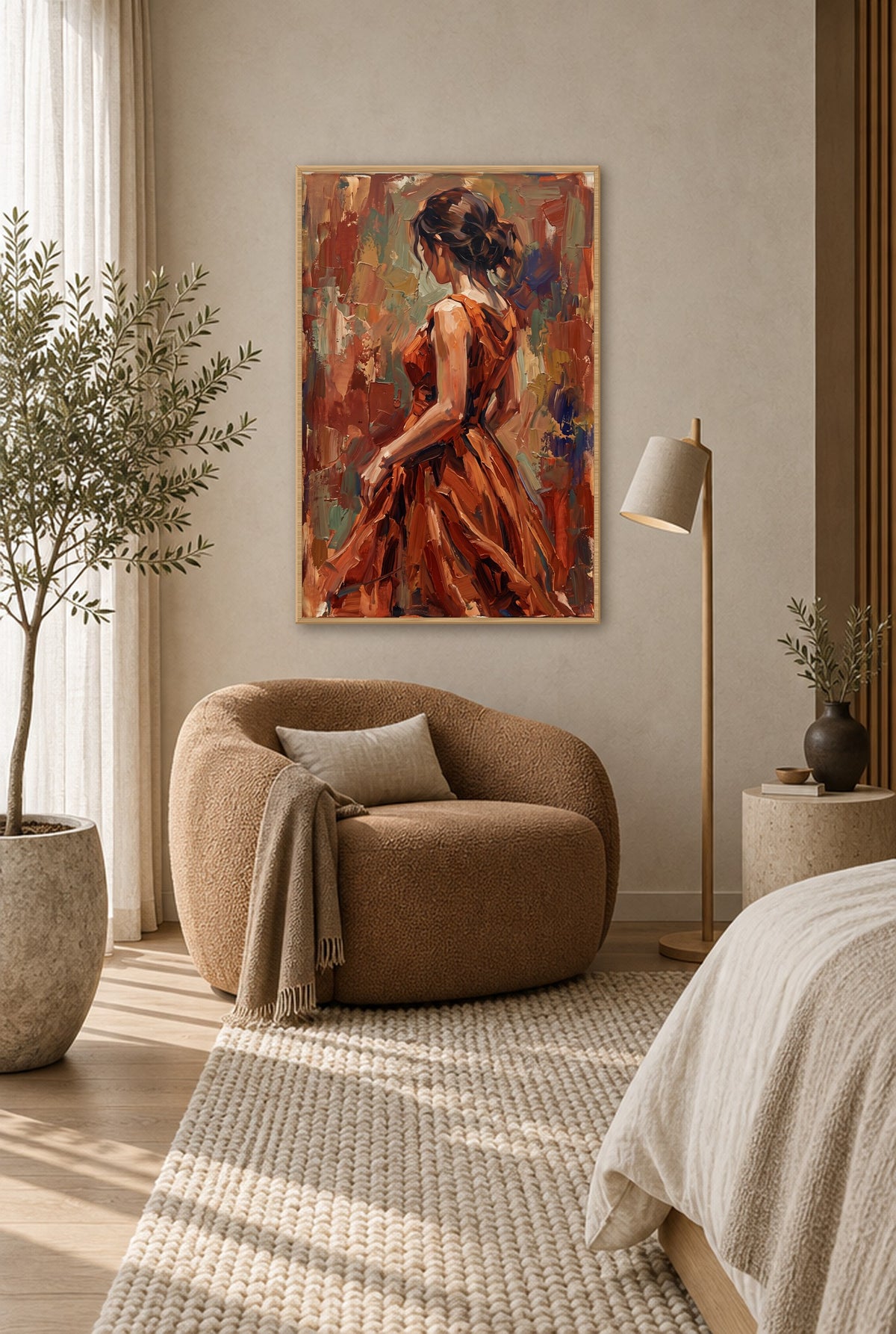 Silhouet in Oranje Wandbild mit Naturholzrahmen an der Wand im Schlafzimmer
